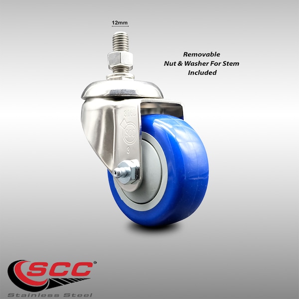 3 Inch 316SS Blue Polyurethane Wheel Swivel 12mm Threaded Stem Caster SCC